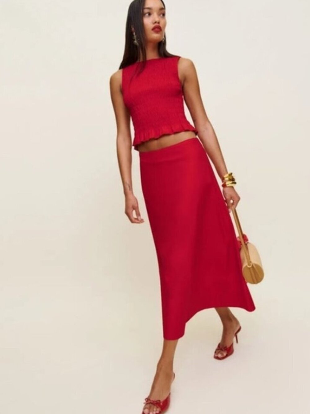 NEW Reformation Laguna Two Piece Matching Midi Skirt Set Lipstick Red US 2 UK 4